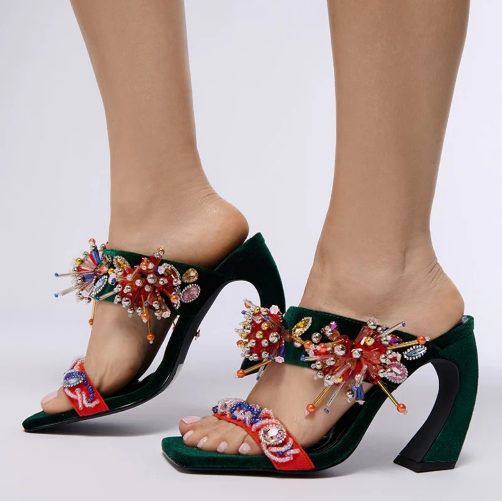 Elegant Embellished Green and Red Heels
